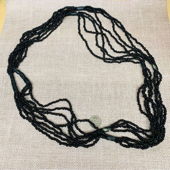 Multistrand Black Seed Bead Wood Bead Necklace - Picture 1 of 2
